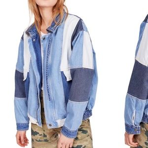 Women's Blue Panel Patchwork Denim Bomber Jacket